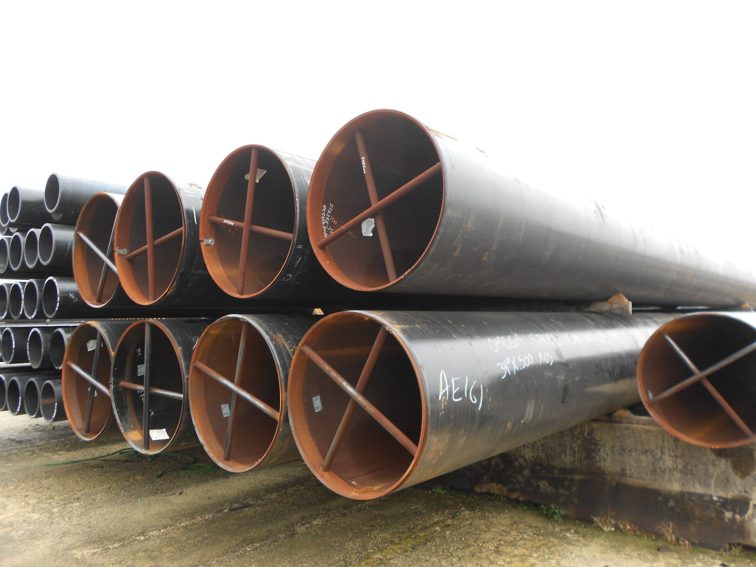34" OD x .500 Large OD X65 SAWL Pipe Stacked in our Pipe yard